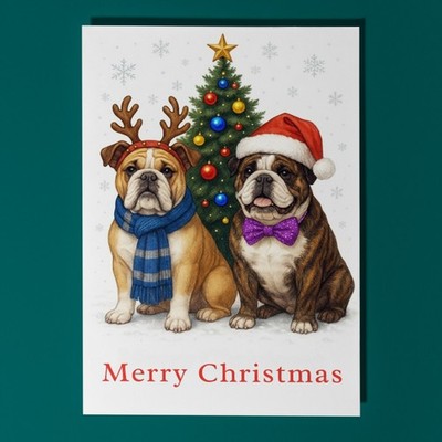 English Bulldog Dogs Merry Christmas Premium Card & Envelope Personalised card