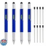 4 Pack Multitool Pen with Extra Refills Set, 6 in 1 Multitool Pen with Ruler and Flat Screwdriver, Multifunctional Metal Ballpoint Pen, Cool Gadget for Men, Gift for Husband Dad Father Friend (Blue)