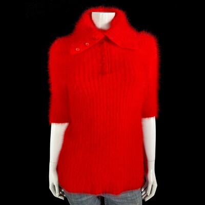 80% Angora Fuzzy Vintage Red Short-Sleeve Buttoned-Turtleneck Sweater 32 in bust