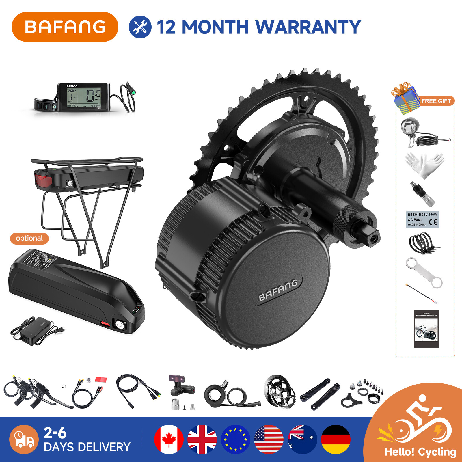 BAFANG BBS02B Mid Drive Motor 48V 750W Electric bicycle Conversion Kits 17.5Ah