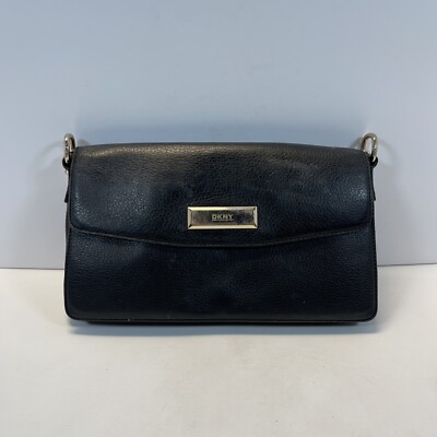 DKNY DONNA KARAN NEW YORK BLACK LEATHER CHAIN SHOULDER DOUBLE FLAP BAG HANDBAG