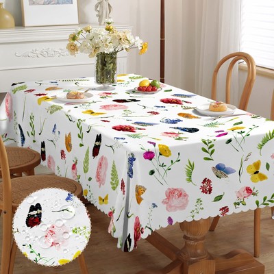 Floral Table Cloth Rectangle 60 x102 Inch, Spring Flower Tablecloth, Waterpro...