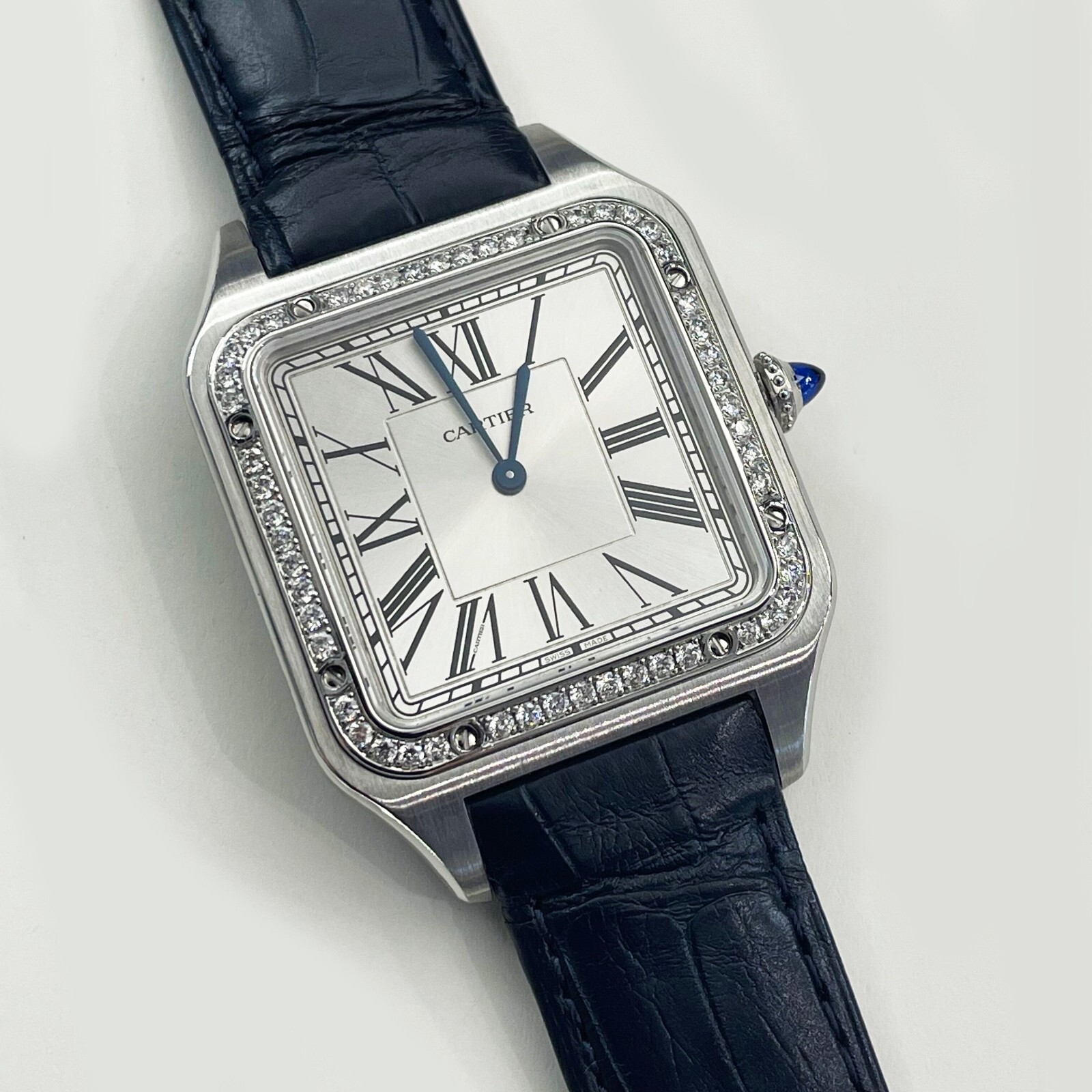 CARTIER SANTOS-DUMONT XL DIAMOND BEZEL NAVY BLUE ALLIGATOR