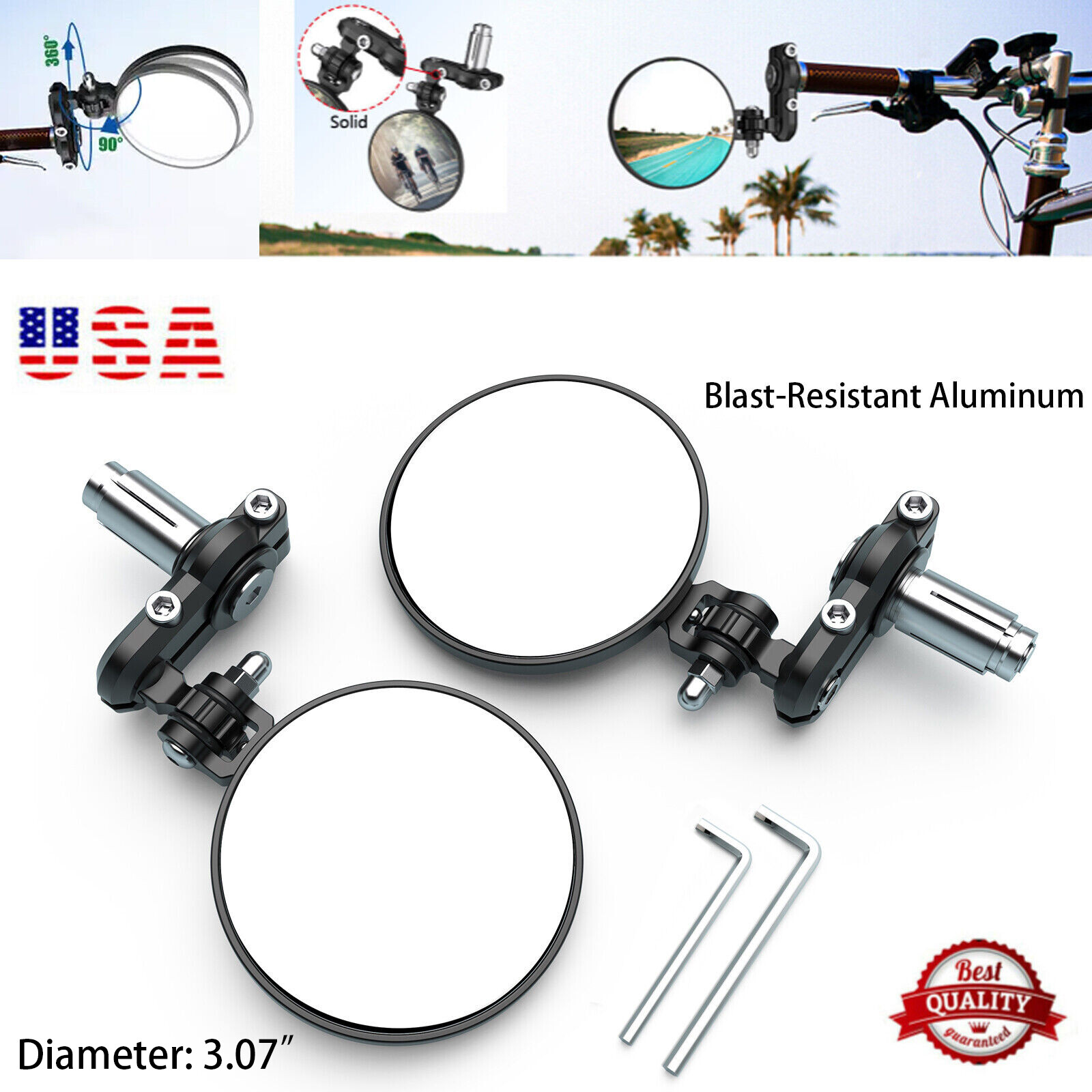 Handlebar Rear view Mirror Aluminum 360˚Rotatable Bike Mirror Wide Angle HD Bar
