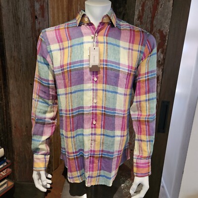 XACUS 100% Linen PLAID Made In Italy Size 41 (16 neck) $59