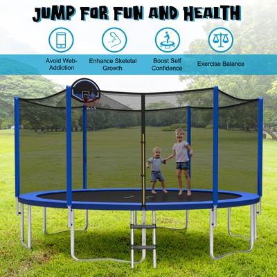 16FT Outdoor Large Trampoline Safety Enclosure Net w/ Basketball Hoop Stepper