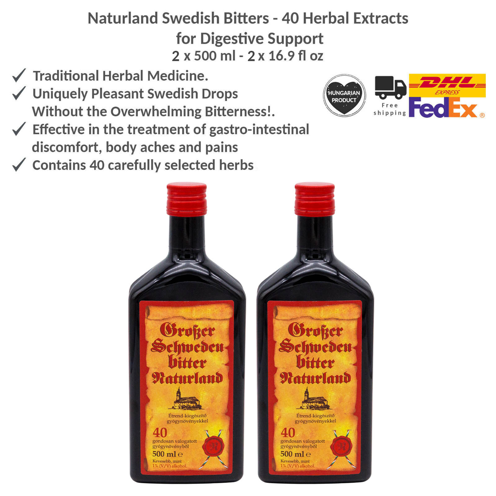 Naturland Swedish Bitters - 40 Herbal Extracts for Digestive Support 500ml x 2 - Picture 1 of 6