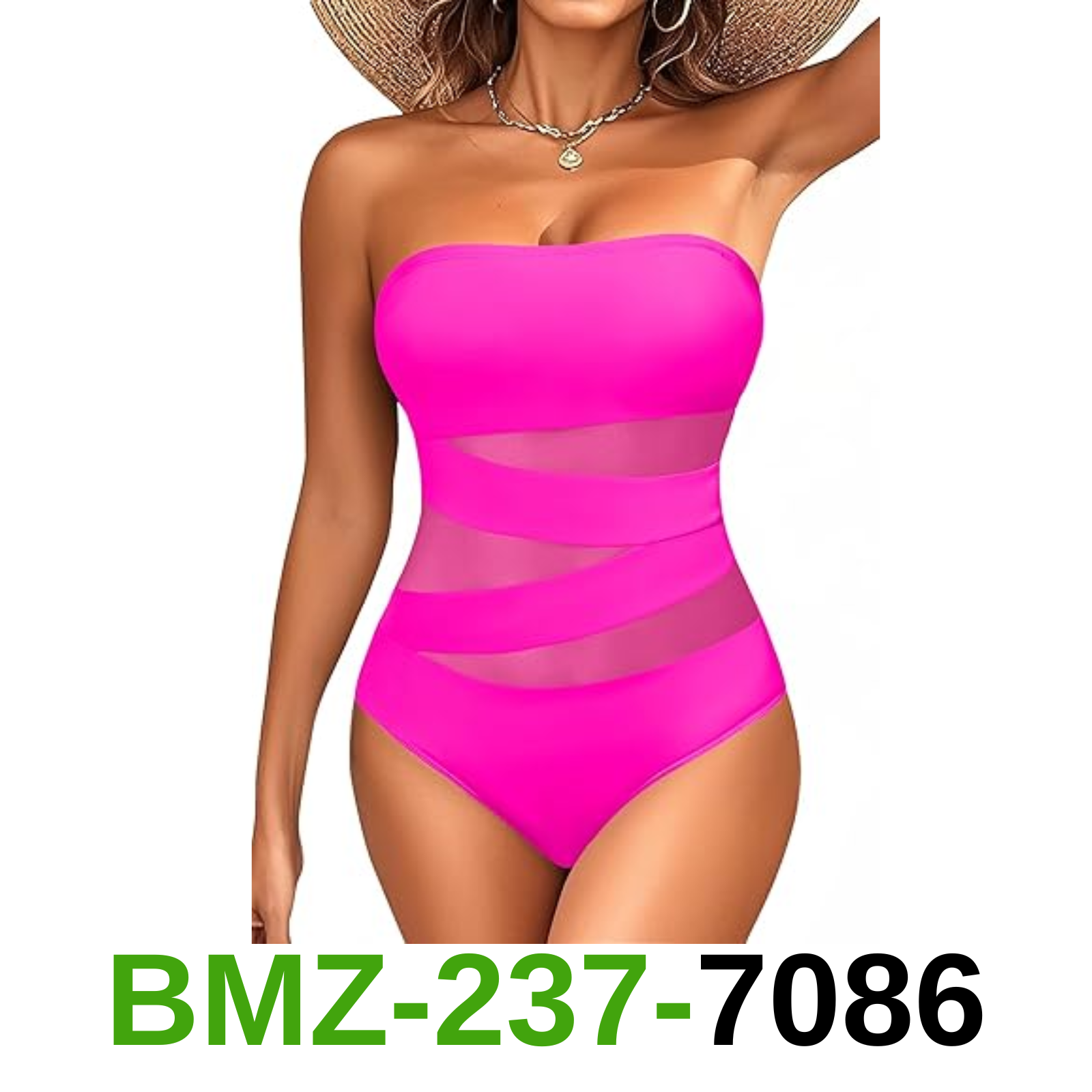 Holipick Women Hot Pink Strapless Bandeau One Piece Swimsuits Sexy Mesh Cutout,L