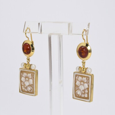 Ohrringe aus Silber 925 Golden Mit Kamee Blumen Und Bernstein Aght 0696