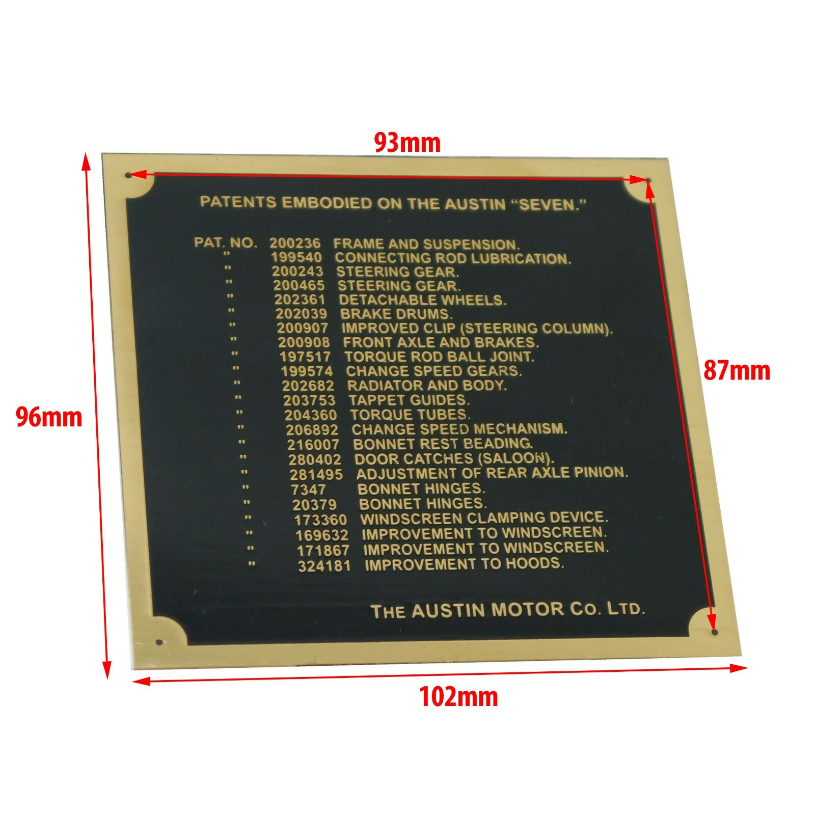 Austin 7 Seven Ruby Car Dashboard Patents Plate Badge Brass Plate 1937-39  