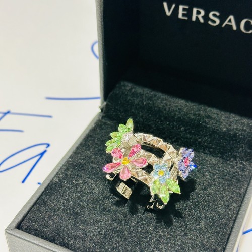Pre-owned Versace Greca Multi Color Crystal Flower Bloom Silver Ring Size 15/us 7 $675
