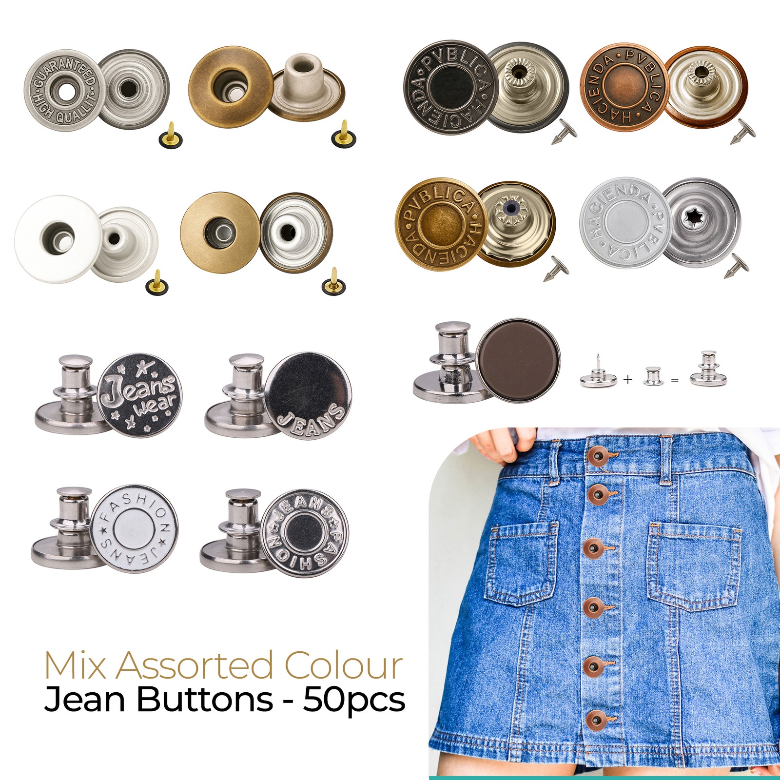 Jeans Buttons No Sew Hammer On Replacement Denim Repair Studs DIY 14mm/17mm/25mm