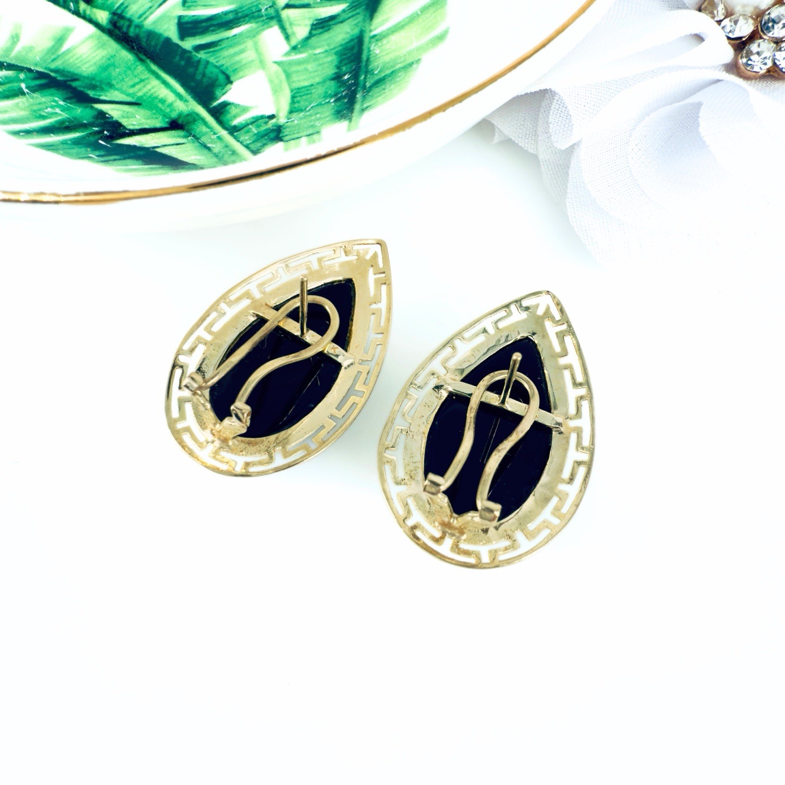 14k Yellow Gold Black Onyx Omega Back Earrings, Preowned - Picture 7 of 12