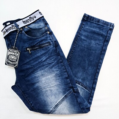 Born Fly Premium Men's Jeans Blue Design Zipper Distressed Skinny Fit Denim Jean