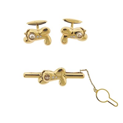 Chopard 18k Gold Plane Diamond Cufflinks Tie Bar Set