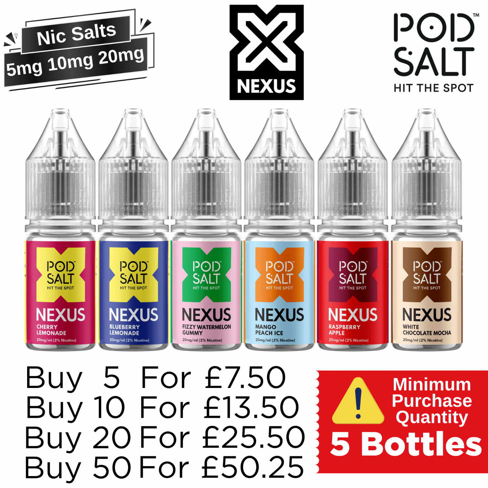 POD SALT NEXUS Nic Salt 10ml E Liquid 5mg 10mg 20mg Vape Juice 10 Flavours MTL