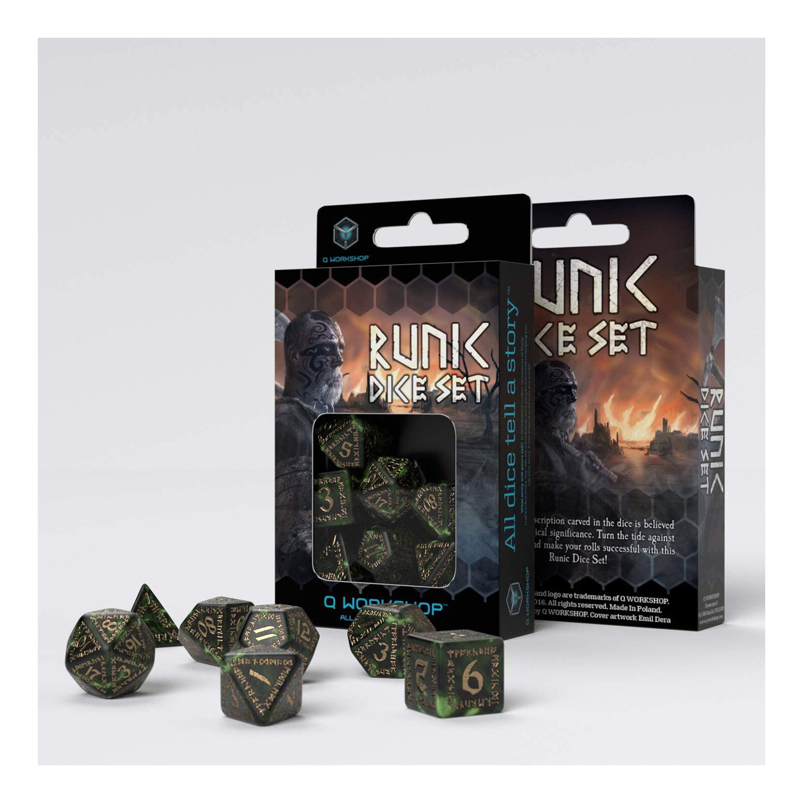 Набор кубиков Q-Workshop Runic Bottle Green Gold из 7 частей, НОВЫЙ В НАЛИЧИИ