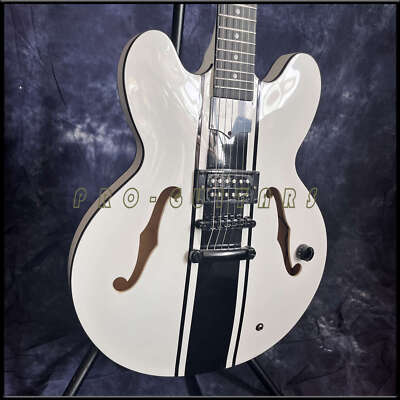 Hot Sale Custom Electric Guitar White Semi Hollow Body Tom DeLonge Racing Stripe