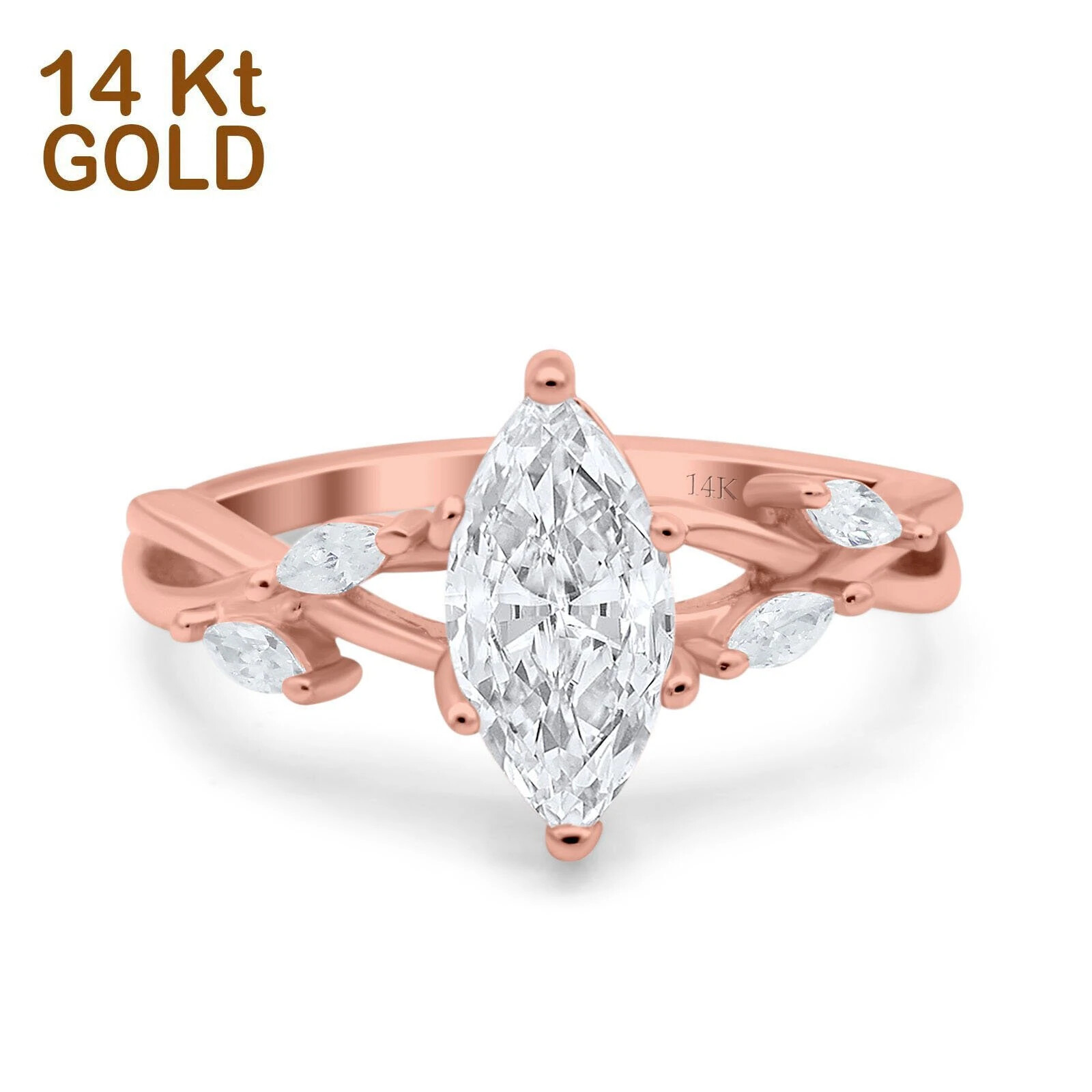 Pre-owned Emerald 14k Rose Gold Infinity Twist Marquise Art Engagement Ring Round Simulated Cz In Pink