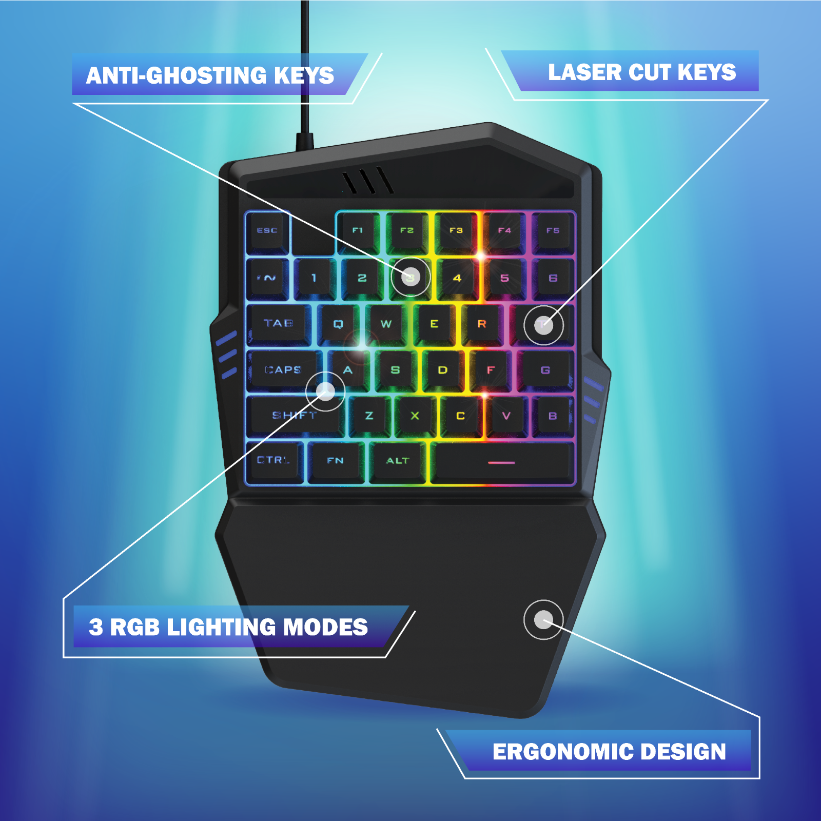 USB Bugha Exclusive RGB LED Color Changing One Handed Ergonomic Gaming Keyboard