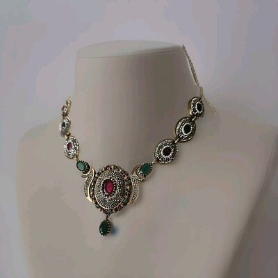 925 Silver Gold Vermeil Turkish Sim Emerald/Ruby Necklace marcasite/rhinestones