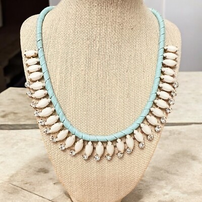 ViVi Love Light Blue Ribbon Wrapped Rhinestone Necklace Gold Tone
