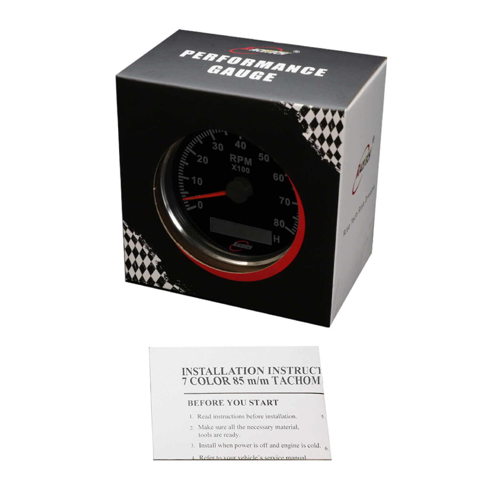 RACETECH 85mm 3 3/8" 7 Color Black Tachometer HOURMETER 8000 RPM
