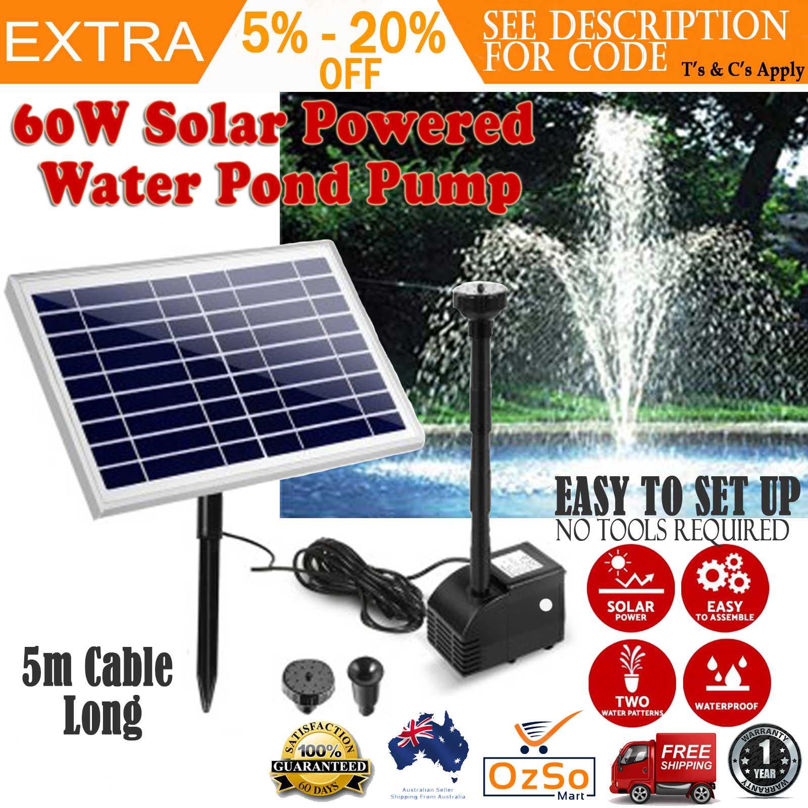 60W Solar Powered Water Pond Pump In/Outdoor Garden Fountain Energy