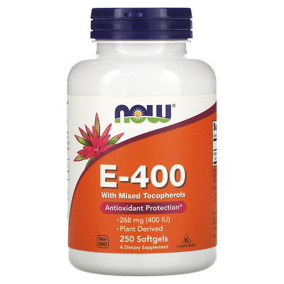 Now Foods Natural E-400 со смешанными токоферолами 250 мягких капсул с гарантией качества GMP,