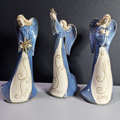 Set Of 3 Blue Stoneware Glazed Angels ''Joy Peace Love'' Signed 10=3 Winged 8 Inch