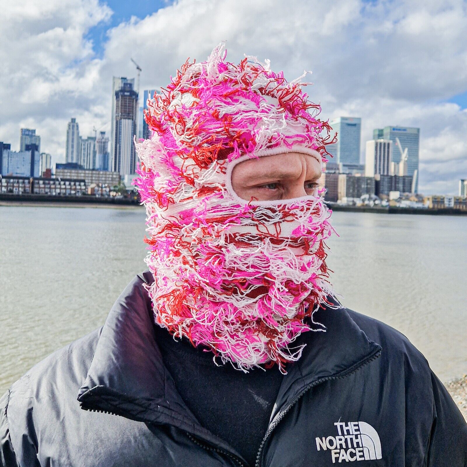 Original Pink Knitted Balaclava Yeat Style Distressed Camo
