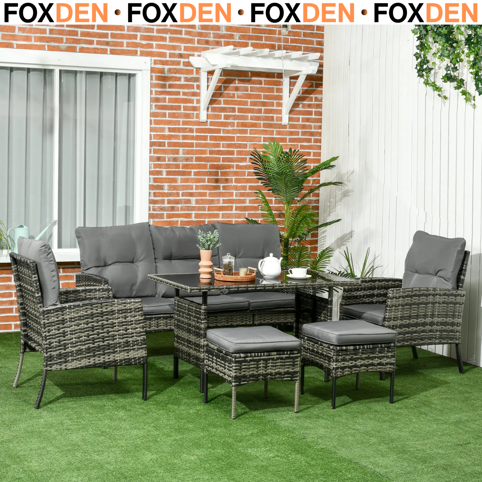 6 Piece Rattan Garden Sofa Set with 3 Seater, Armchairs and Glass Table Grey