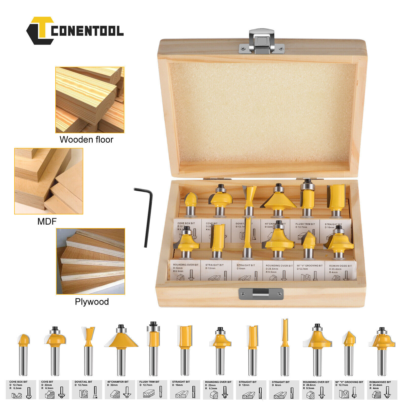 CONENTOOL 12Pcs Tungsten Carbide 1/4"  TCT Tipped Router Shank Wood Set Bits US