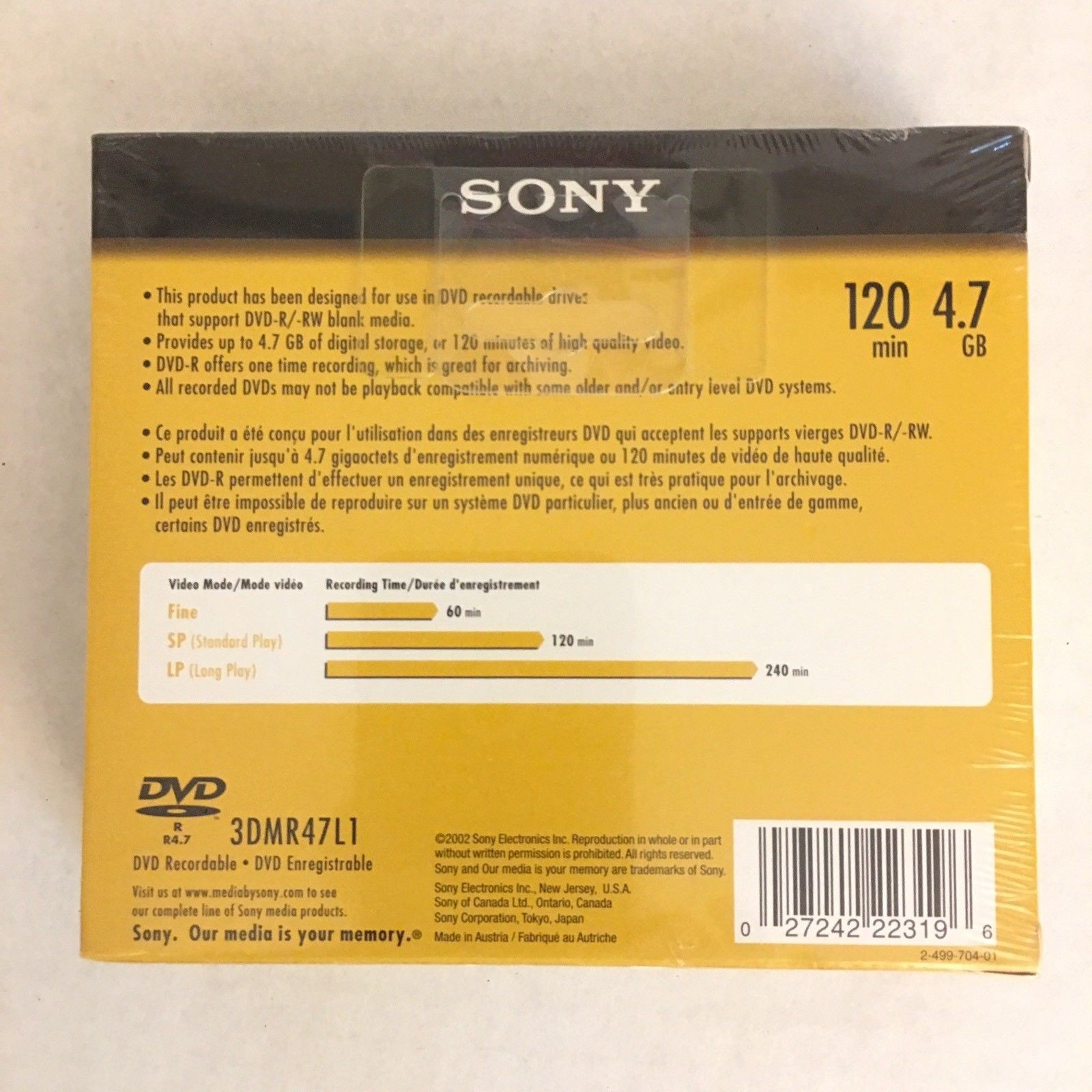 Pack of 3 Sony DVD-R 120 min Recordable Blank Discs 4.7 GB New