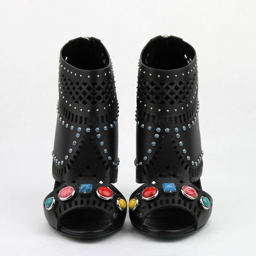 Pre-owned Gucci Women's Black Leather Open Toe W/jewels Zipper Heel Boots 374743 1000
