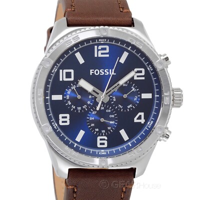 FOSSIL Brox Mens Multifunction Watch, Large Blue Dial, Brown Leather Strap