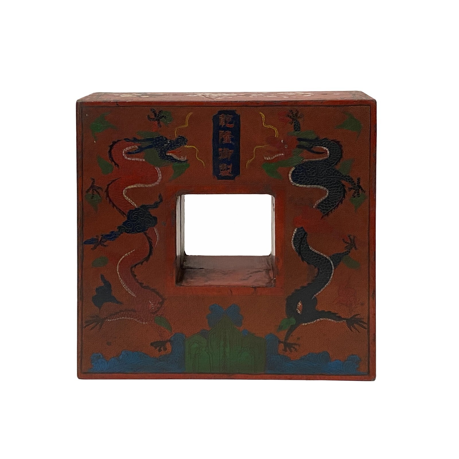 Chinese Distressed Brick Red Dragon Graphic Square Shape Box ws2292S Chinese Distressed Brick Red Dragon Graphic Square Shape Box ws2292S