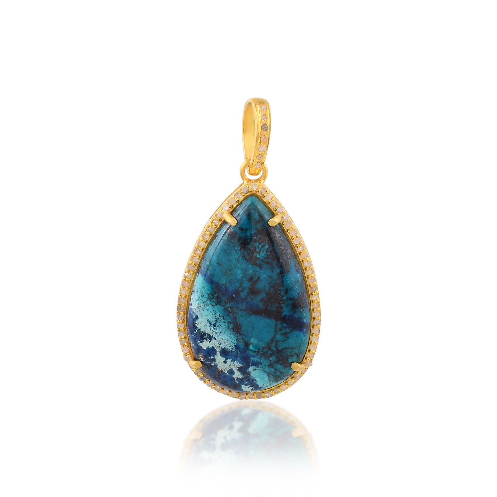 Shattuckite Teardrop Turquoise Pendant in 925  Sterling Silver with Pave Diamond