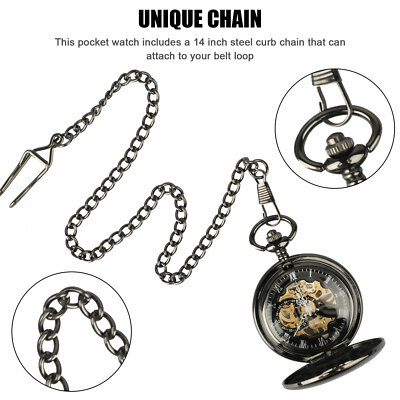 Mens Pocket Watch Mechanical Black Steampunk Skeleton Retro Chain Luxury Classic