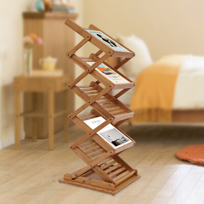 Heavy Duty Bamboo Magazine Rack 5 Layers Foldable File Shelf Pop-up Book Stand