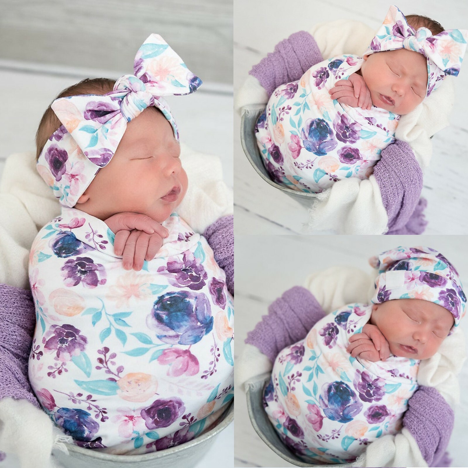 Birth Announcement Set Floral Swaddle Wrap Knot Beanie Headband Baby Shower eBay