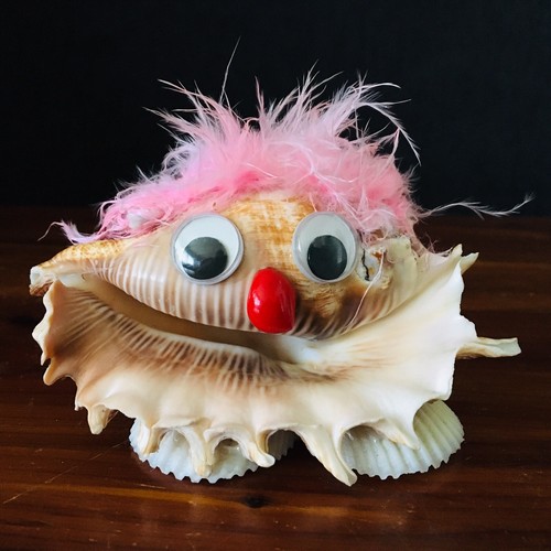 Vintage Folk Art Sea Shell Figure Lot Owl & Clown Googly Eyes