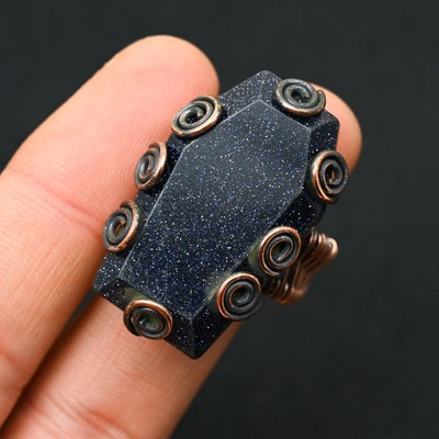 Blue Sunstone Gemstone Copper Wire Wrapped Handmade Designer Ring Jewelry Gift
