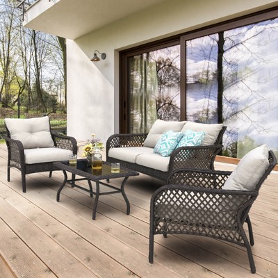 4-piece Outdoor Resin Wicker Chat Set with Cushions
