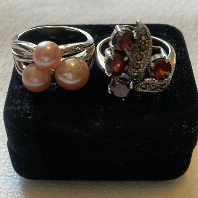 2 Sterling Silver Faux Pearls & Glass Stones Marcasites Rings Size 10 Pre-Owned