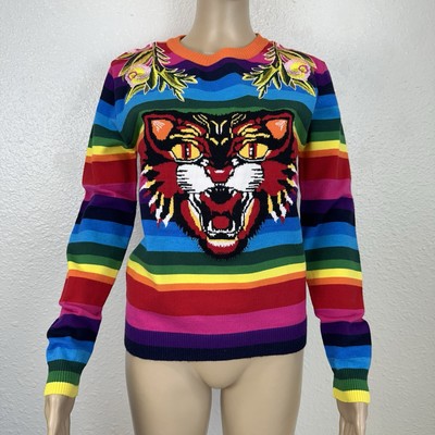 3-SHUN High Grade Garment Angry Cat Rainbow Sweater Embroidered Angora Blend S
