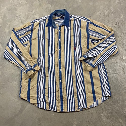 90s VTG NAUTICA DENIM COLLAR Shirt XL Made in USA Wide Striped Jean Brown  Blue