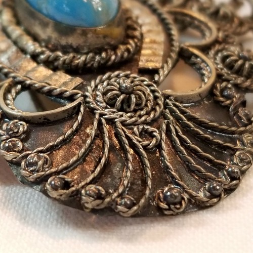 Turquoise Art Glass Cabochon Coin Silver 900 Cannetille Brooch Pin Antique