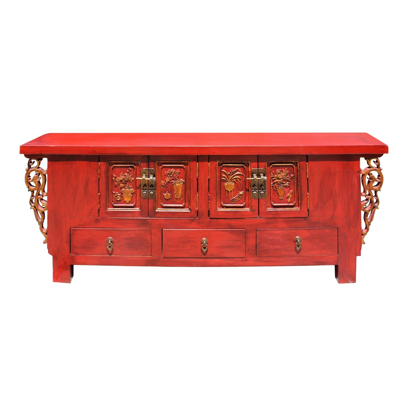 Chinese Distressed Red Dragon Motif TV Console Table Cabinet