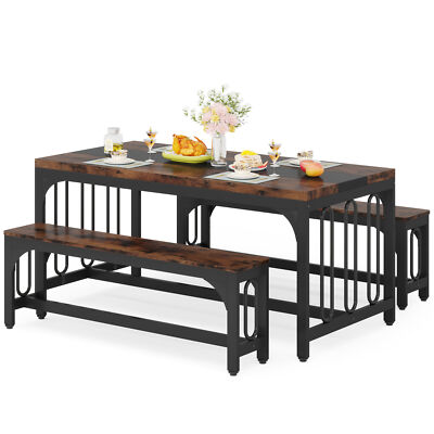 55'' Kitchen Dining Table with 2 Benches, 3-Piece Dining Set for 4 to 6 Person